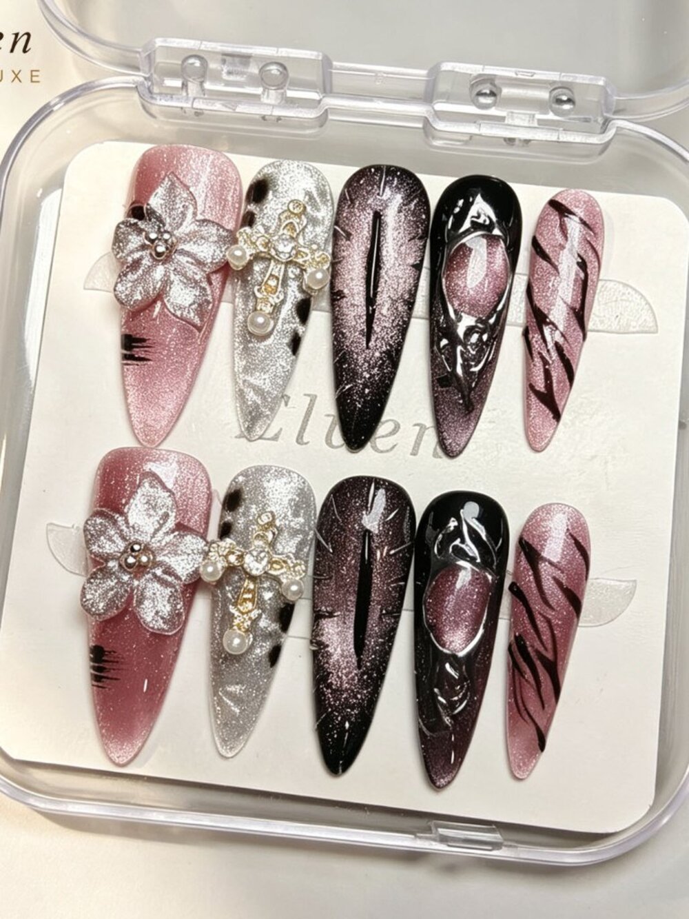Pink & Black Gothic Stiletto Press On Nails Featuring Evil Eye, Cross & Floral